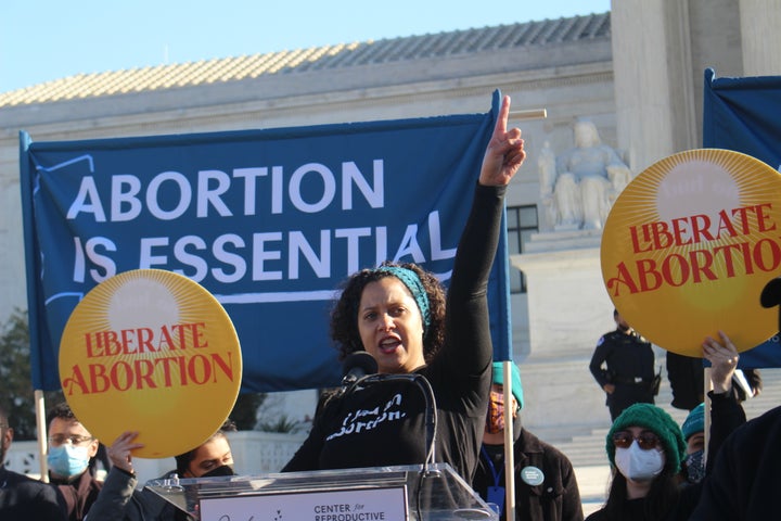 Renee Bracey Sherman leads a rally outside of the Supreme Court on Dec. 1, 2021, ahead of oral arguments in Dobbs v. Jackson Women's Health Organization.