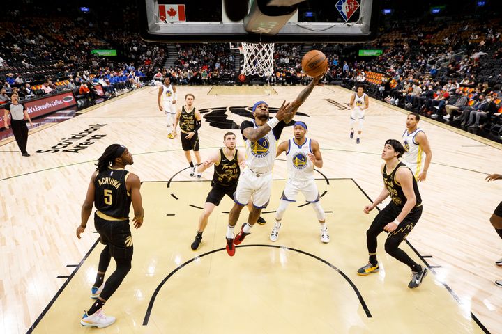 The Golden State Warriors play against the Toronto Raptors at Scotiabank Arena in Toronto on Saturday.
