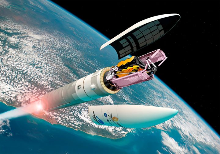 mpresión artística del telescopio espacial James Webb separándose del cohete Ariane 5 tras el lanzamiento desde el puerto espacial europeo en la Guayana francesa