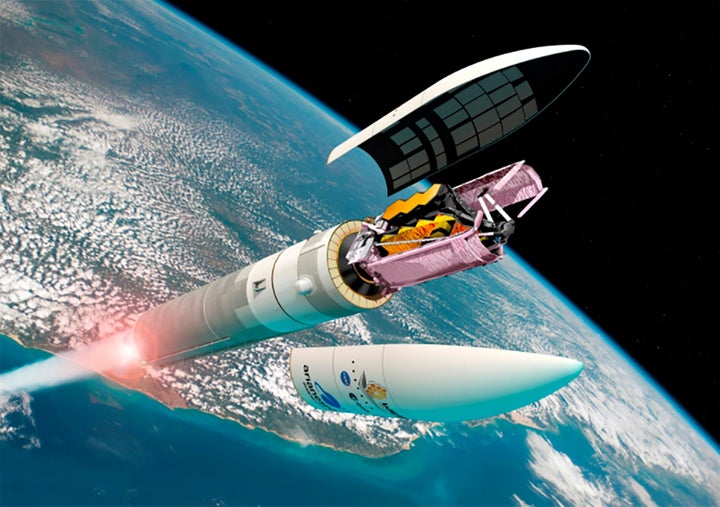 mpresión artística del telescopio espacial James Webb separándose del cohete Ariane 5 tras el lanzamiento desde el puerto espacial europeo en la Guayana francesa