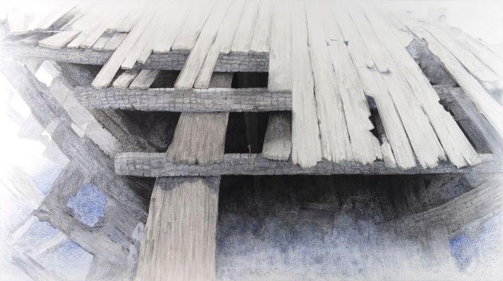 Καμένο καΐκι στο Λαύριο [πρώτο μέρος τετράπτυχου] 2010-2016 Ακρυλικό και κάρβουνο σε καμβά 150 x 270 εκ. Συλλογή Ιδρύματος Βασίλη & Ελίζας Γουλανδρή