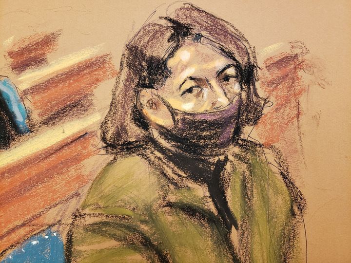 Ghislaine Maxwell, the Jeffrey Epstein associate accused of sex trafficking, sits wearing a borrowed oversize coat during a charging conference in a courtroom sketch in New York City, U.S., December 18, 2021. REUTERS/Jane Rosenberg