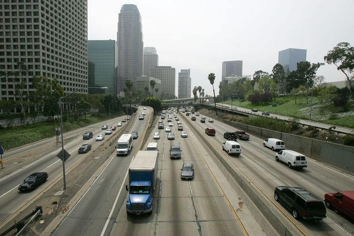 A haze hangs over downtown Los Angeles, where traffic and vast freeways infamously spur smog. 