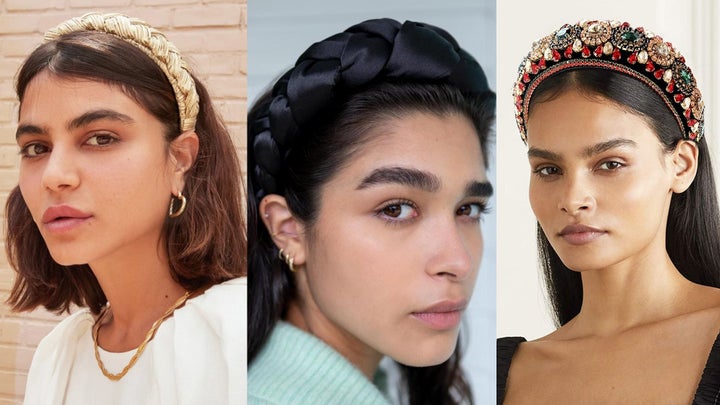 Left to right: a lilac gold braided headband from Loeffler Randall, the Frida headband from Ceremonia and a padded rhinestone headband from Amazon.