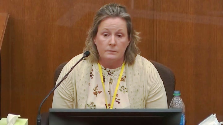 Former Brooklyn Center police Officer Kim Potter takes questions from the prosecution as she testifies in court, Dec. 17, at the Hennepin County Courthouse in Minneapolis.