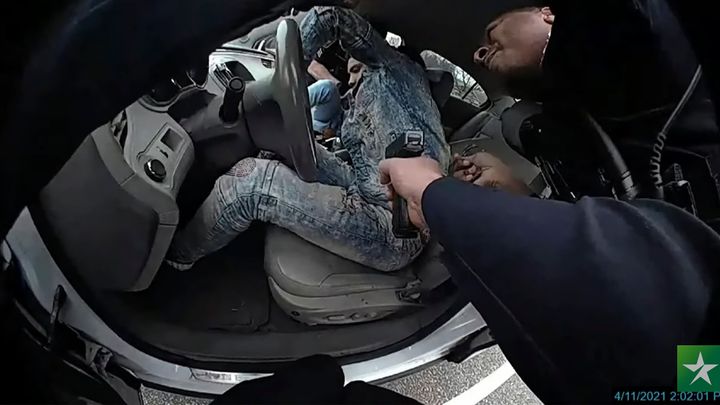 Police body cam video shows Daunte Wright, seated, during a traffic stop on April 11, 2021.