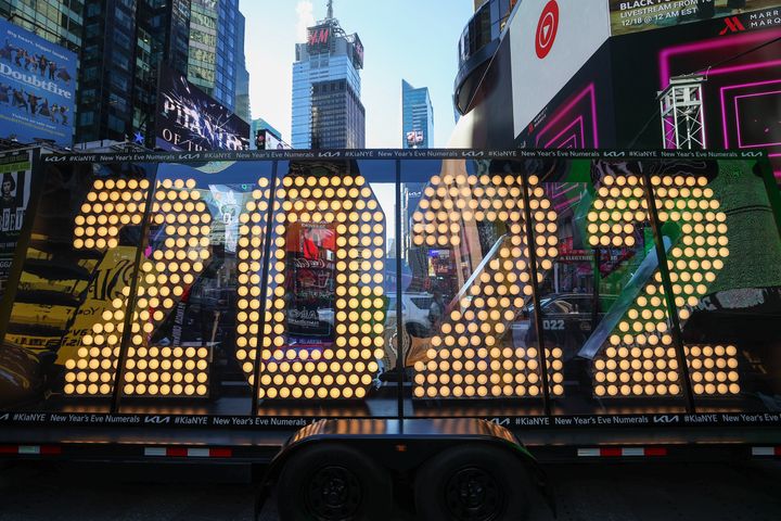A view of the 2022 New Year's Eve Numeral upon its arrival in Times Square, New York City, Dec. 20, 2021.