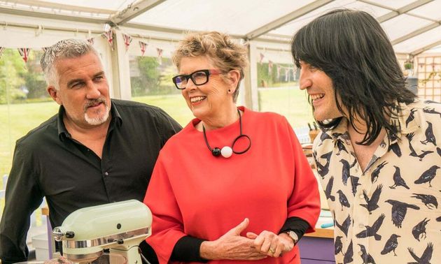 Prue with Bake Off co-stars Paul Hollywood and Noel Fielding