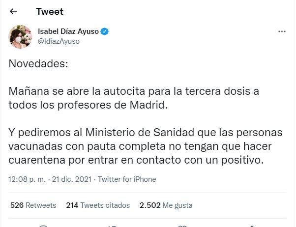 El tuit de Ayuso al que ha respondido Mónica García.