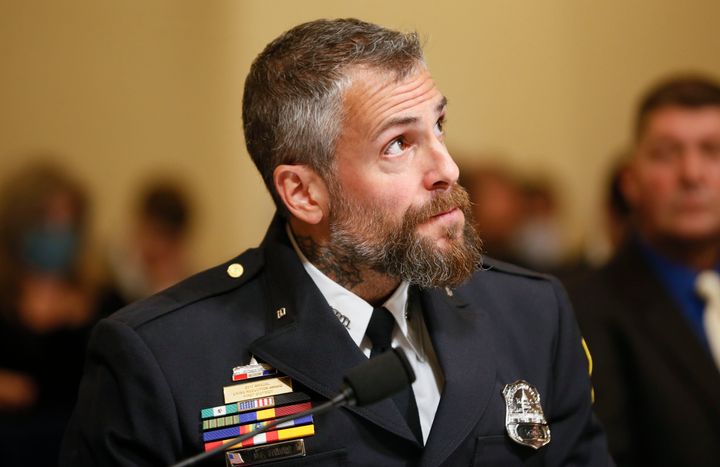 Metropolitan Police Officer Michael Fanone, seen testifying in July before the House Select Committee investigating the Jan. 6 attack on the U.S. Capitol, has resigned from the police force.
