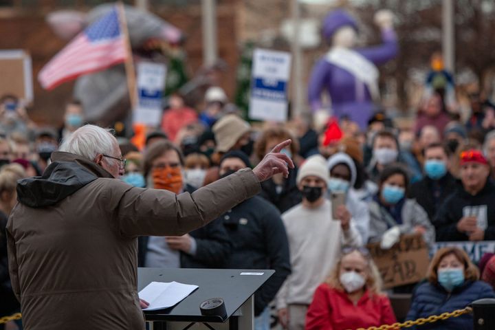 Sen. Bernie Sanders (I-Vt.) addresses striking Kellogg's workers in downtown Battle Creek, Michigan, on Dec. 17.