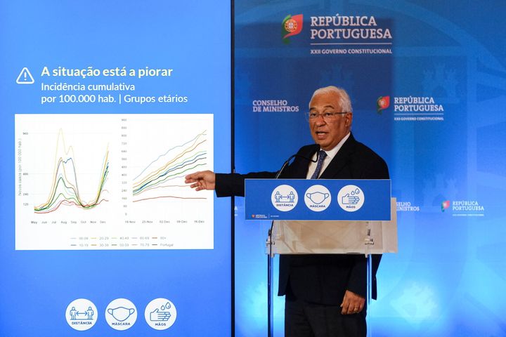 Ο πρωθυπουργός της Πορτογαλίας Αντόνιο Κόστα κατά τη διάρκεια συνέντευξης Τύπου για να ανακοινώσει νέους περιορισμούς εν μέσω της πανδημίας της νόσου του κορονoϊού (COVID-19), στο παλάτι Ajuda στη Λισαβόνα, Πορτογαλία, 21 Δεκεμβρίου 2021. REUTERS/Pedro Nunes