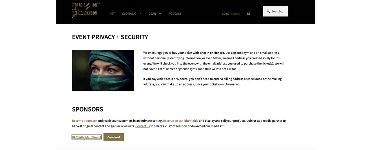 A screenshot of a Guns N' Bitcoin event page.