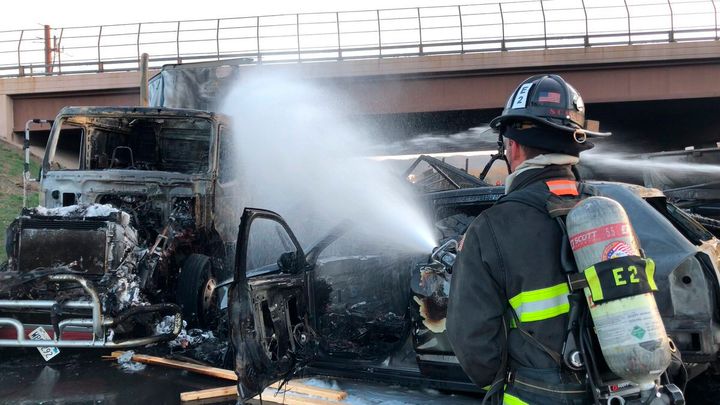 A firefighter responds to the scene of the deadly 2019 pileup involving over two dozen vehicles near Denver. 