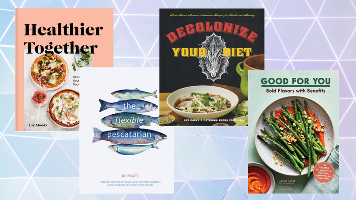 Left to right: "<a href="https://www.amazon.com/Healthier-Together-Recipes-Two-Nourish-Relationships/dp/0525573275?tag=lourdesuribe-20&ascsubtag=61c336e6e4b0bb04a62c40cd,-1,-1,d,0,0,hp-fil-am=0" target="_blank" role="link" data-amazon-link="true" rel="sponsored" class=" js-entry-link cet-external-link" data-vars-item-name="Healthier Together" data-vars-item-type="text" data-vars-unit-name="61c336e6e4b0bb04a62c40cd" data-vars-unit-type="buzz_body" data-vars-target-content-id="https://www.amazon.com/Healthier-Together-Recipes-Two-Nourish-Relationships/dp/0525573275?tag=lourdesuribe-20&ascsubtag=61c336e6e4b0bb04a62c40cd,-1,-1,d,0,0,hp-fil-am=0" data-vars-target-content-type="url" data-vars-type="web_external_link" data-vars-subunit-name="article_body" data-vars-subunit-type="component" data-vars-position-in-subunit="0">Healthier Together</a>" by Liz Moody, "<a href="https://www.amazon.com/Flexible-Pescatarian-Jo-Pratt/dp/0711239703?tag=lourdesuribe-20&ascsubtag=61c336e6e4b0bb04a62c40cd,-1,-1,d,0,0,hp-fil-am=0" target="_blank" role="link" data-amazon-link="true" rel="sponsored" class=" js-entry-link cet-external-link" data-vars-item-name="The Flexible Pescatarian" data-vars-item-type="text" data-vars-unit-name="61c336e6e4b0bb04a62c40cd" data-vars-unit-type="buzz_body" data-vars-target-content-id="https://www.amazon.com/Flexible-Pescatarian-Jo-Pratt/dp/0711239703?tag=lourdesuribe-20&ascsubtag=61c336e6e4b0bb04a62c40cd,-1,-1,d,0,0,hp-fil-am=0" data-vars-target-content-type="url" data-vars-type="web_external_link" data-vars-subunit-name="article_body" data-vars-subunit-type="component" data-vars-position-in-subunit="1">The Flexible Pescatarian</a>" by Jo Pratt, "<a href="https://www.amazon.com/Decolonize-Your-Diet-Plant-Based-Mexican-American/dp/1551525925?tag=lourdesuribe-20&ascsubtag=61c336e6e4b0bb04a62c40cd,-1,-1,d,0,0,hp-fil-am=0" target="_blank" role="link" data-amazon-link="true" rel="sponsored" class=" js-entry-link cet-external-link" data-vars-item-name="Decolonize Your Diet" data-vars-item-type="text" data-vars-unit-name="61c336e6e4b0bb04a62c40cd" data-vars-unit-type="buzz_body" data-vars-target-content-id="https://www.amazon.com/Decolonize-Your-Diet-Plant-Based-Mexican-American/dp/1551525925?tag=lourdesuribe-20&ascsubtag=61c336e6e4b0bb04a62c40cd,-1,-1,d,0,0,hp-fil-am=0" data-vars-target-content-type="url" data-vars-type="web_external_link" data-vars-subunit-name="article_body" data-vars-subunit-type="component" data-vars-position-in-subunit="2">Decolonize Your Diet</a>" by Luz Calvo and Catriona Rueda Esquibel and "<a href="https://www.amazon.com/Good-You-gluten-free-dairy-free-vegetarian/dp/1452181772?tag=lourdesuribe-20&ascsubtag=61c336e6e4b0bb04a62c40cd,-1,-1,d,0,0,hp-fil-am=0" target="_blank" role="link" data-amazon-link="true" rel="sponsored" class=" js-entry-link cet-external-link" data-vars-item-name="Good For You" data-vars-item-type="text" data-vars-unit-name="61c336e6e4b0bb04a62c40cd" data-vars-unit-type="buzz_body" data-vars-target-content-id="https://www.amazon.com/Good-You-gluten-free-dairy-free-vegetarian/dp/1452181772?tag=lourdesuribe-20&ascsubtag=61c336e6e4b0bb04a62c40cd,-1,-1,d,0,0,hp-fil-am=0" data-vars-target-content-type="url" data-vars-type="web_external_link" data-vars-subunit-name="article_body" data-vars-subunit-type="component" data-vars-position-in-subunit="3">Good For You</a>" by Akhtar Nawab.