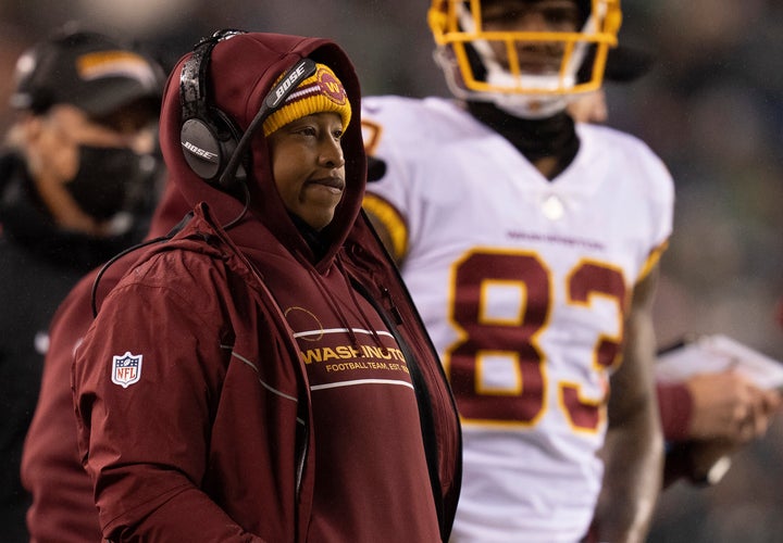 Jennifer King looks on at the game Tuesday as she acts as the NFL's first Black woman to act as a lead position coach during a game.