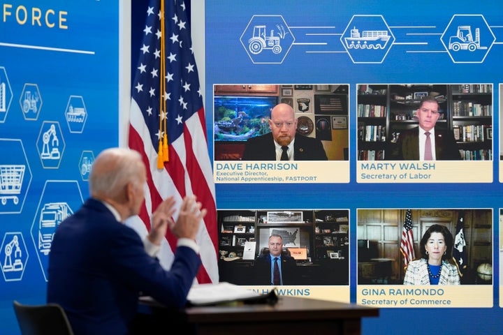 Members of President Joe Biden's task force on supply chain issues listen as he speaks during a meeting, Wednesday, Dec. 22 in the South Court Auditorium on the White House campus in Washington. (AP Photo/Patrick Semansky)