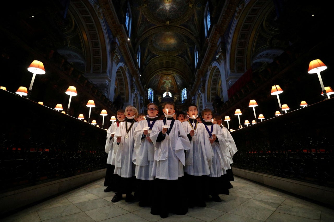 Choristers from St Paul's Cathedral choir take part in a rehearsal photocall at the cathedral in London, Britain, on Tuesday.