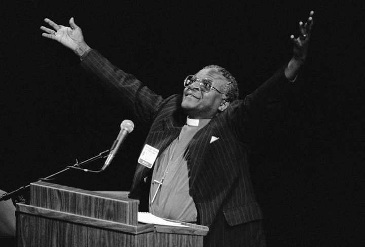 South African Bishop Desmond Tutu gestures during remarks denouncing his country's apartheid policy of racial separation in New Orleans, Sept. 7, 1982. Tutu, South Africa's Nobel Peace Prize-winning activist for racial justice and LGBT rights and retired Anglican Archbishop of Cape Town, has died, South African President Cyril Ramaphosa announced Sunday Dec. 26, 2021. He was 90. (AP Photo/Jack Thornell, File)