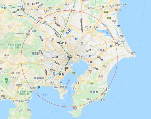 東京駅から半径72キロの距離を示す円
