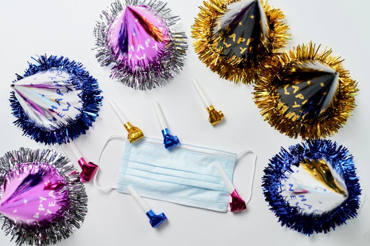 Objects New Years Eve party and mask on white background