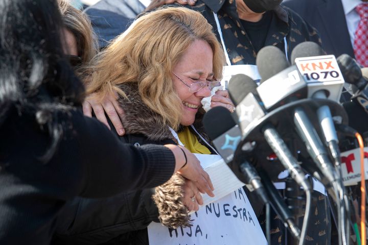 Soledad Peralta, the mother of Valentina Orellana-Peralta, becomes emotional as she speaks about her daughter during a news conference outside of LAPD headquarters on Tuesday. 