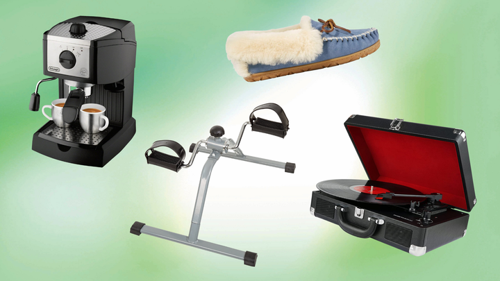 Clockwise from left to right: Espresso machine from Amazon, Wicked Good slippers from L.L. Bean, record player from Amazon, under desk bike pedal from Amazon