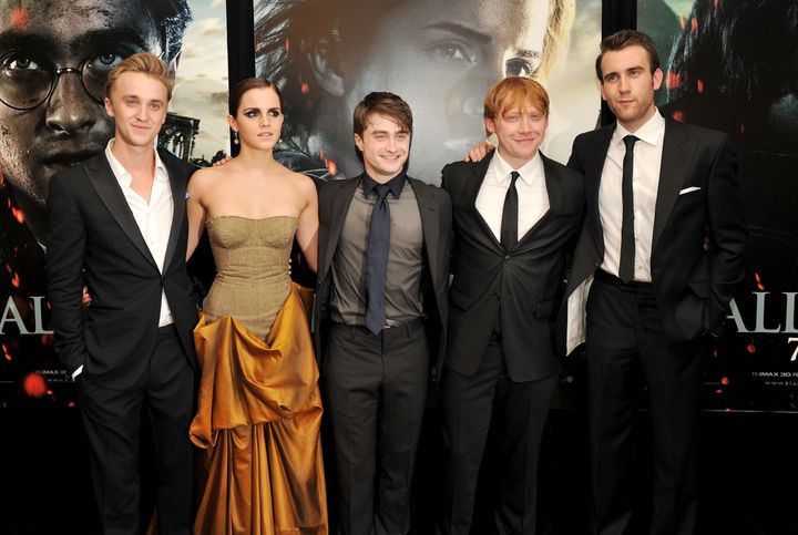 (L-R) Tom Felton, Emma Watson, Daniel Radcliffe, Rupert Grint and Matthew Lewis attend the New York premiere of Harry Potter And The Deathly Hallows: Part 2 at Avery Fisher Hall, Lincoln Center on July 11, 2011 in New York City. (Photo by Stephen Lovekin/Getty Images)