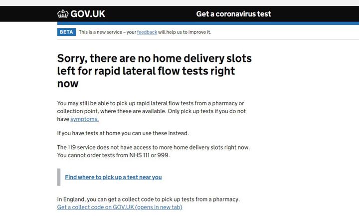 Screengrab from the UK government website saying there are no home delivery slots for lateral flow tests available.