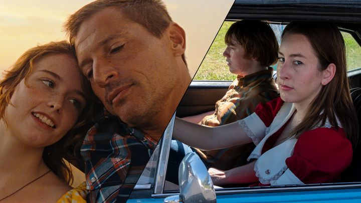 Left: Simon Rex and Suzanna Son play characters in a relationship in "Red Rocket." Right: Alana Haim and Cooper Hoffman portray a young couple in "Licorice Pizza."