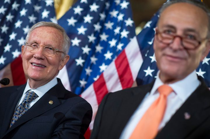 UNITED STATES - JUNE 30: Senate Minority Leader Harry Reid, D-Nev., left, and Sen. Charles Schumer, D-N.Y., conduct a news conference in the Capitol to call on Republicans to cut the Congressional recess short and work on Zika legislation, June 30, 2016. (Photo By Tom Williams/CQ Roll Call)