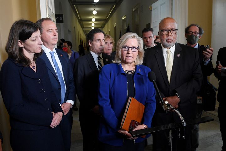 Rep. Liz Cheney, (R-Wyo.) flanked by other members of the House Select Committee to Investigate the January 6th Attack on the U.S Capitol, has been ostracized by her party for speaking out against Trump's election denialism.