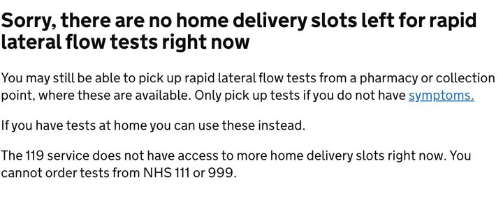 The gov.uk website is still advising people to pick up rapid lateral flow tests from a pharmacy