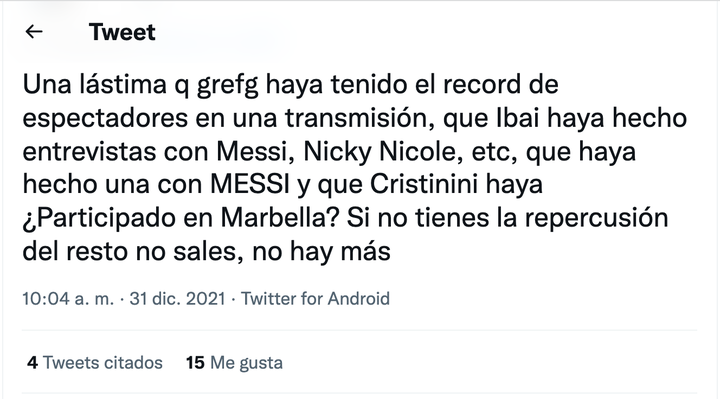 Mensaje de Twitter al que ha respondido la 'streamer' Cristinini.