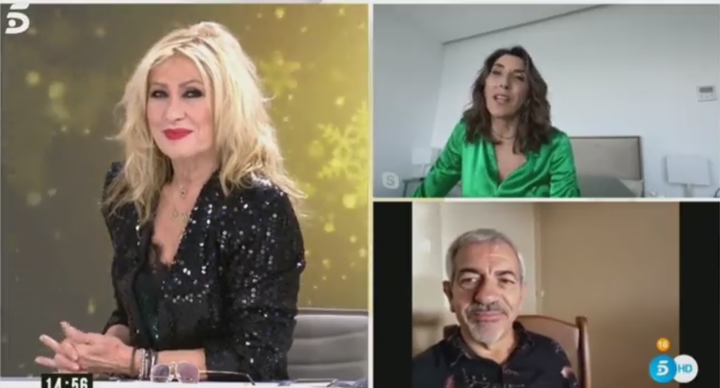 Paz Padilla junto a Carlos Sobera y Rosa Benito en su intervención en 'Ya es Mediodía'.
