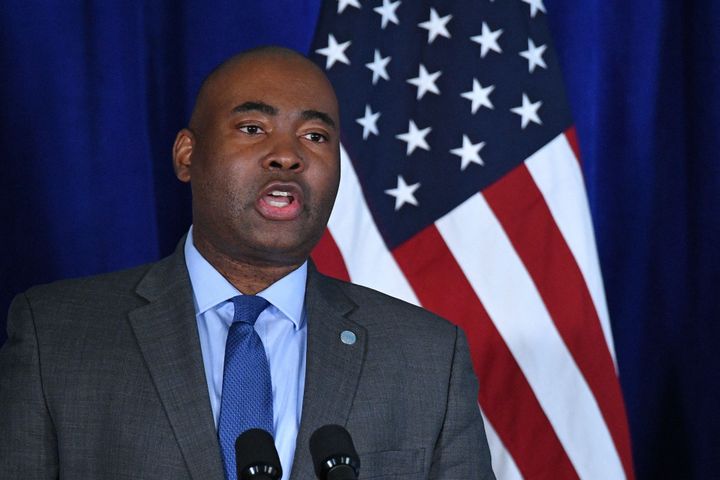 Democratic National Committee Chairman, Jaime Harrison speaks on voting rights at the Louis Stokes Library of Howard University in Washington, DC on July 8, 2021.