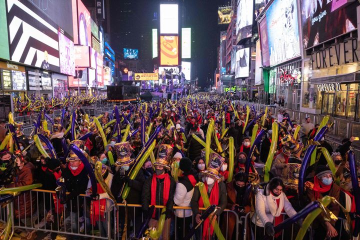 People gather during New Year's Eve celebrations at Times Square in New York City on New Year's Eve. 