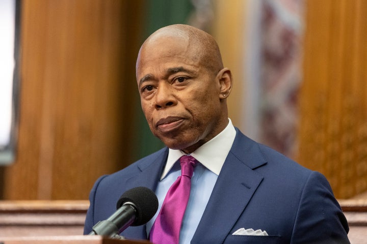 Mayor Eric Adams speaks during a statement in Brooklyn Borough Hall.