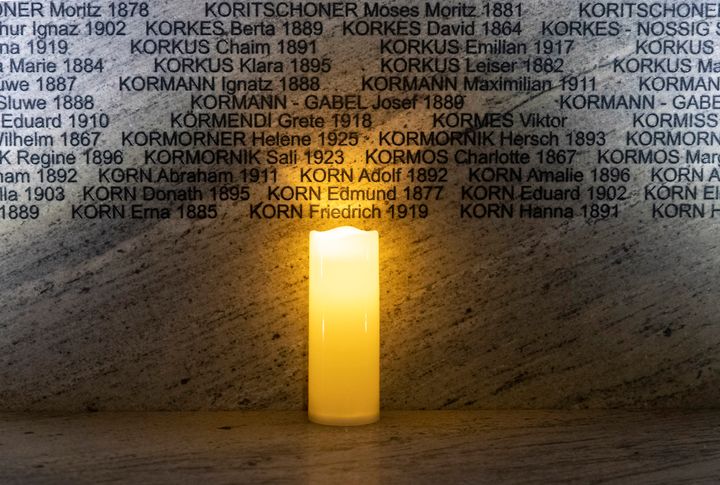 A light illuminates names at the Shoah Wall of Names Memorial during the inauguration ceremony, in Vienna, Austria, Nov. 9, 2021.