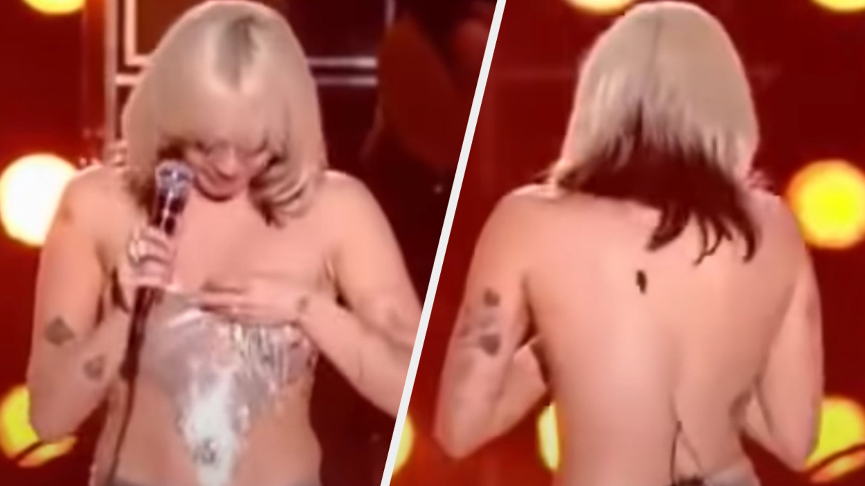 miley cyrus dress falls off Miley Cyrus' top falls down on stage in shocking wardrobe malfunction during New Year's show with Pete Davidson
