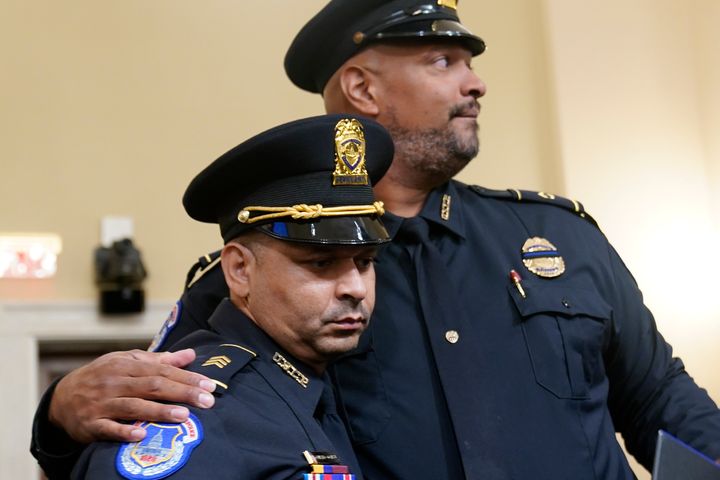 U.S. Capitol Police Sgt. Aquilino Gonell left, and U.S. Capitol Police Sgt. Harry Dunn stand after a House select committee hearing on the Jan. 6 attack on Capitol Hill in Washington, July 27, 2021. (AP Photo / Andrew Harnik, Pool, File)