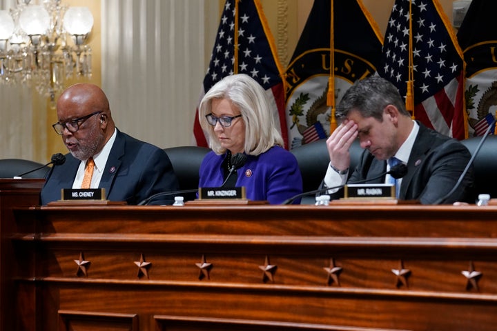 Rep. Bennie Thompson, D-Miss., chair of the House select committee tasked with investigating the Jan. 6 attack on the U.S. Capitol speaks as the committee meets to hold Steve Bannon, one of former President Donald Trump's allies in contempt, on Capitol Hill in Washington, Oct. 19, 2021. Listening are Rep. Liz Cheney, R-Wyo., and Rep. Adam Kinzinger, R-Ill. (AP Photo / J. Scott Applewhite, File)