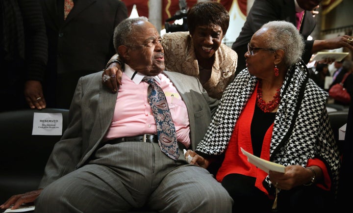 Jewell Chris McNair (L) and his wife Maxine McNair (R) attend a ceremony where their daughter, Denise McNair and three other girls were posthumously awarded the Congressional Gold Medal at the U.S. Capitol September 10, 2013 in Washington, DC.