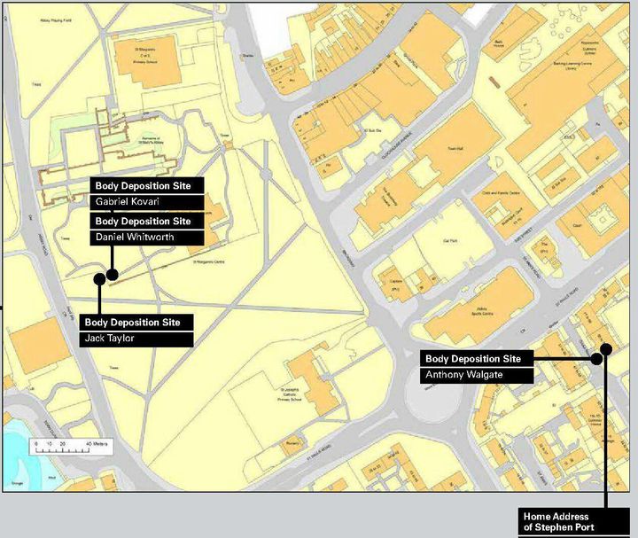 Handout image issued by the Metropolitan Police of a map showing the spots where bodies of murder victims were dumped by Stephen Port 