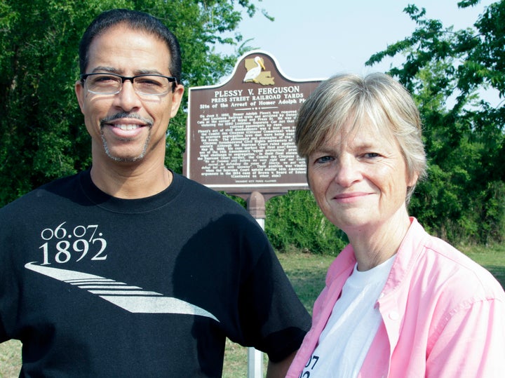 Keith Plessy and Phoebe Ferguson, descendants of the principals in the Plessy V. Ferguson court case, pose for a photograph in front of a historical marker in New Orleans, on June 7, 2011. Homer Plessy, the namesake of the U.S. Supreme Court’s 1896 “separate but equal” ruling, will be posthumously pardoned.