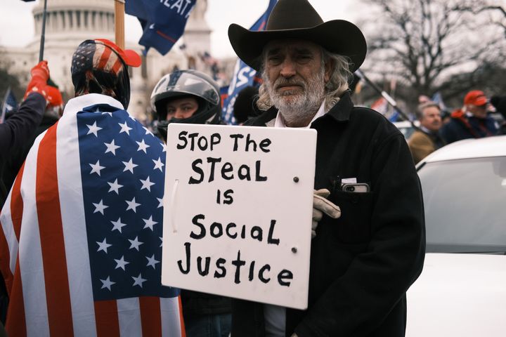 Trump supporters gather outside the U.S. Capitol building following a "Stop the Steal" rally on Jan. 6, 2021, in Washington, D.C.