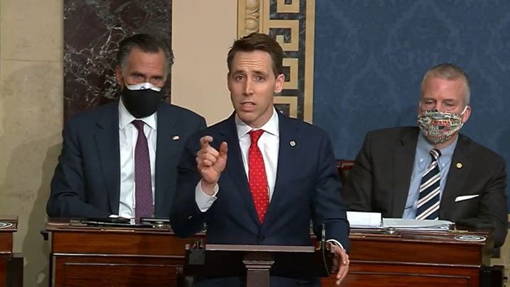 In this screenshot taken from a congress.gov webcast, Sen. Josh Hawley (R-Mo.) speaks during a Senate debate session to ratify the 2020 presidential election at the U.S. Capitol on Jan. 6, 2021, in Washington, D.C.