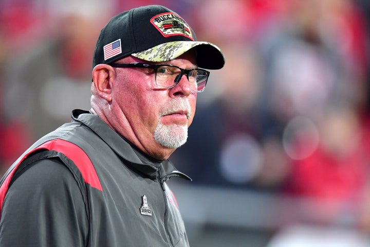 Head Coach Bruce Arians of the Tampa Bay Buccaneers looks on during warm ups before the game against the New York Giants at Raymond James Stadium on November 22, 2021 in Tampa, Florida.