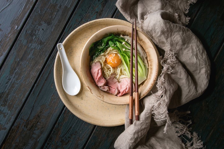 The meat in this bowl of udon is so pink because it was cooked sous vide.