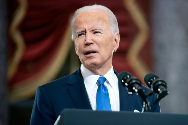 WASHINGTON, DC - JANUARY 06: US President Joe Biden gives remarks in Statuary Hall of the U.S Capitol...